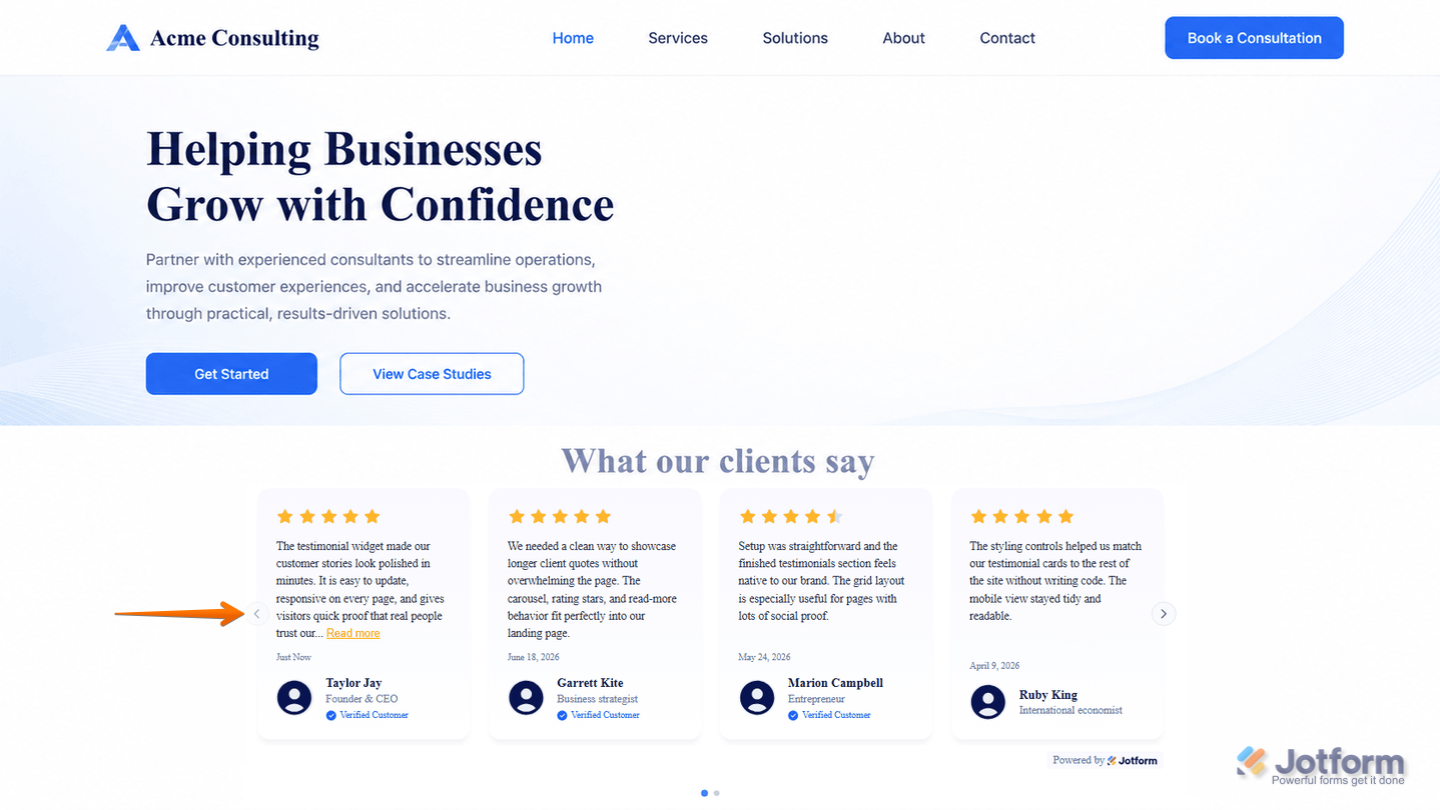 Embedded Jotform Testimonials widget displayed on a website, showcasing customer testimonials with customizable layouts, ratings, reviewer details, and branding after installation using the copied embed code or platform-specific integration
