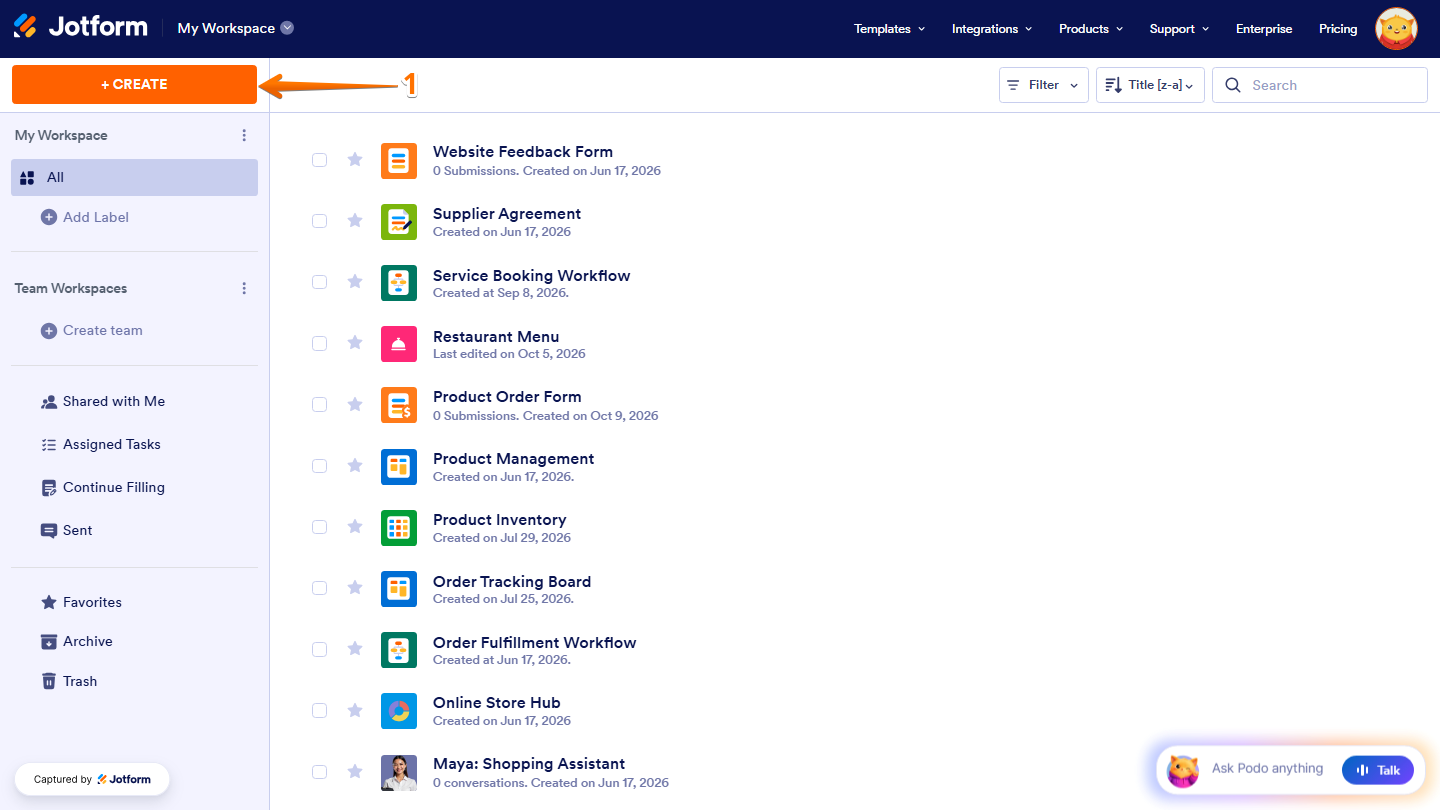 Jotform Workspace page displaying the Create button in the top-left corner