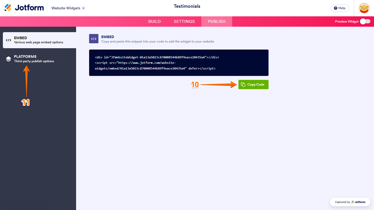 Jotform Website Widgets page displaying the Embed section with the Copy Code button and the Platforms option in the left-side menu for viewing platform-specific embedding instructions
