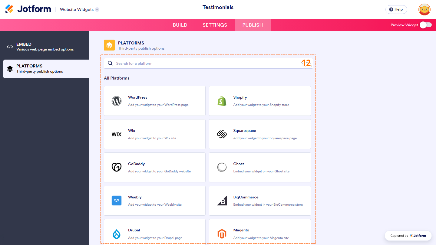 Jotform Platforms section displaying available platforms for website widget embedding instructions and a Search bar at the top to find a specific platform