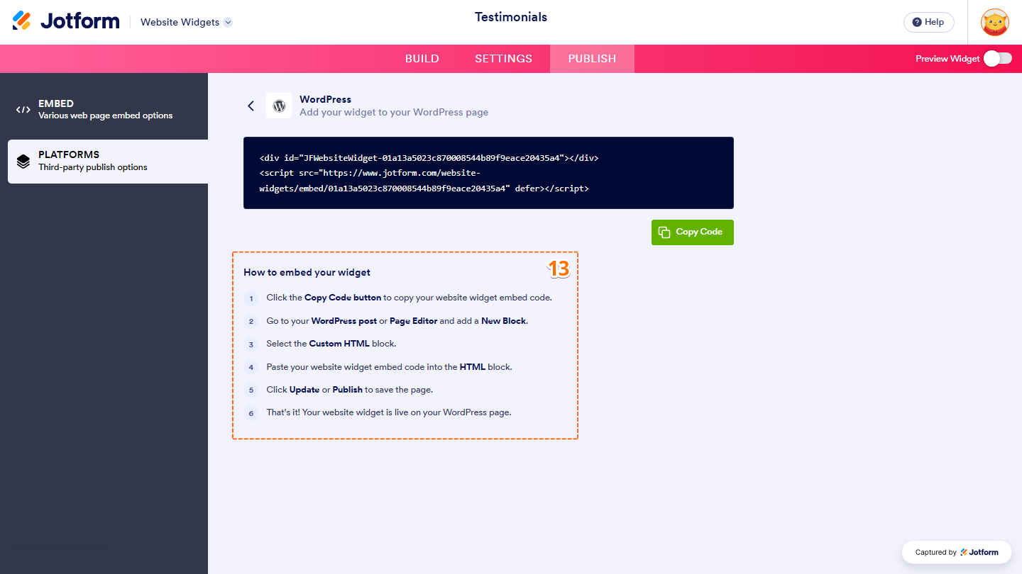 Jotform Platforms section displaying the How to Embed Your Widget instructions for adding the website widget to the selected platform