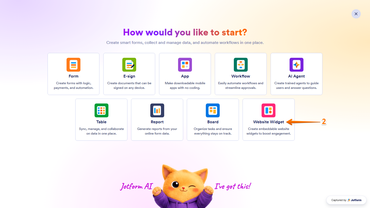 Jotform Workspace page displaying the Create menu with the Website Widget option