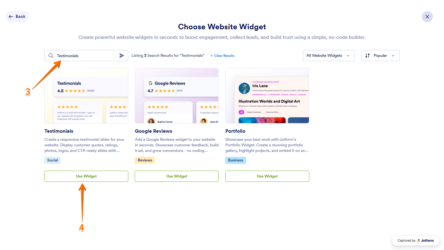 Jotform Choose Website Widget window displaying the Search bar with Testimonials entered and the Use Widget button at the bottom of the search results