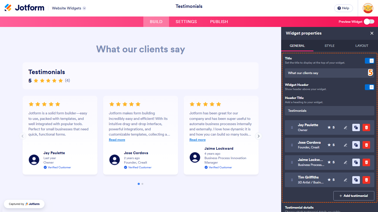 Jotform Website Widgets interface displaying the right-side Widget Properties menu with settings for Title, Widget Header, Header Title, and Testimonials, including the Edit, Duplicate, Delete, and Add testimonial options