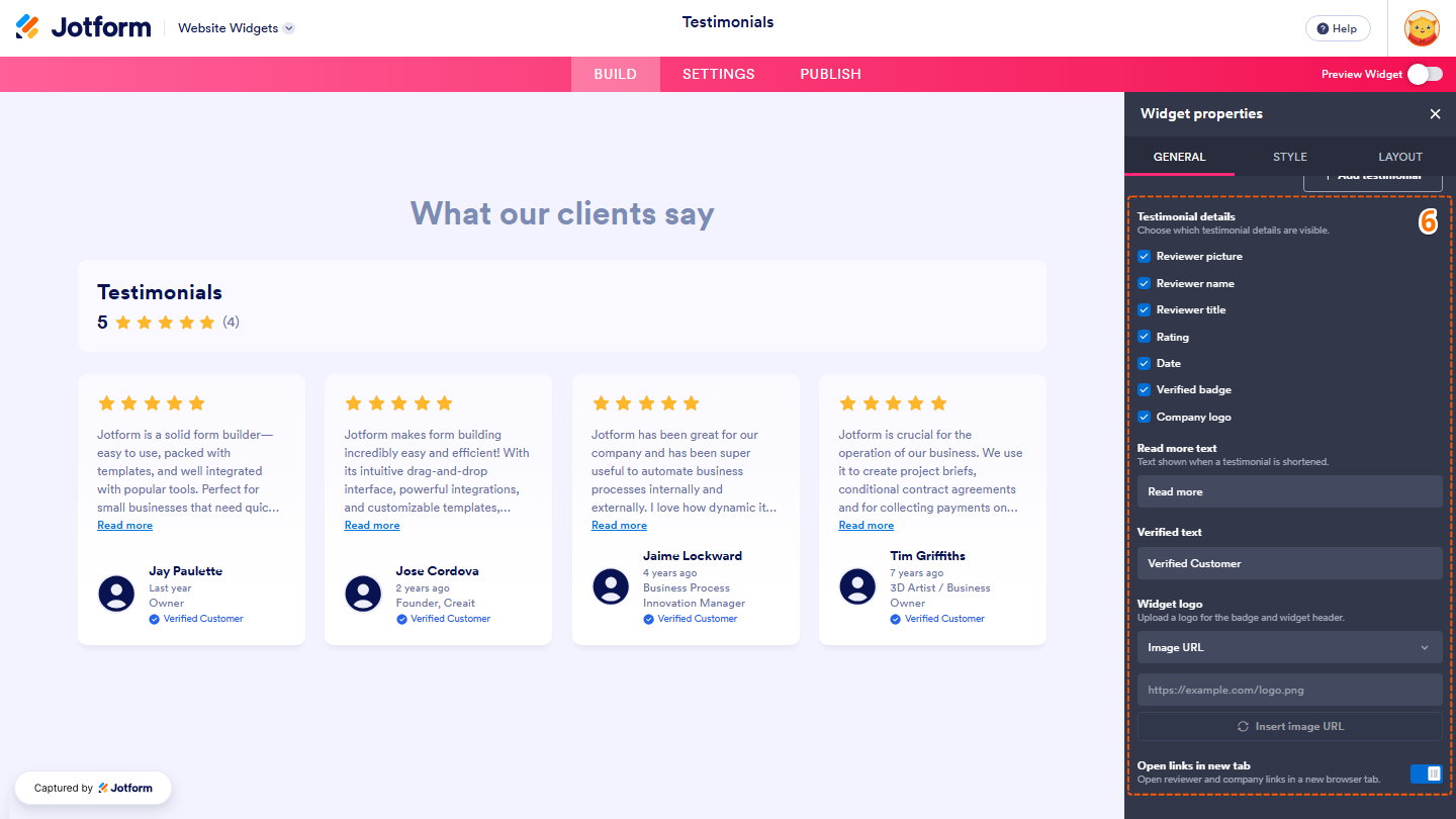 Jotform Website Widgets interface displaying the Widget Properties menu with Testimonial Details checkboxes for Reviewer Picture, Reviewer Name, Reviewer Title, Rating, Date, Verified Badge, and Company Logo, along with the Read More Text, Verified Text, Widget Logo, and Open Links in New Tab settings