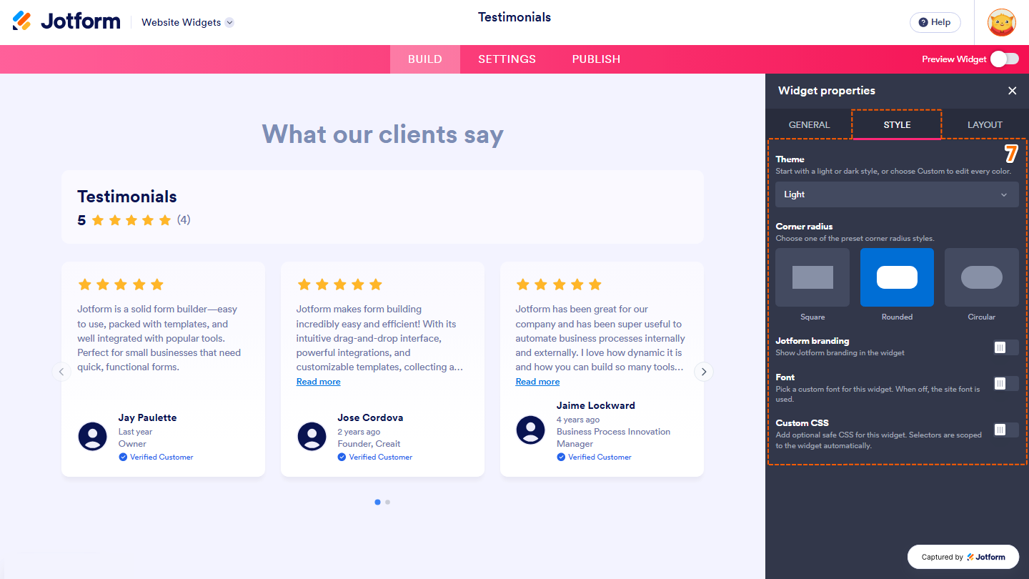 Jotform Website Widgets interface displaying the Style tab with customization options for Theme, Corner Radius, Jotform Branding, Font, and Custom CSS, including dropdown menus, toggles, and the Code Editor