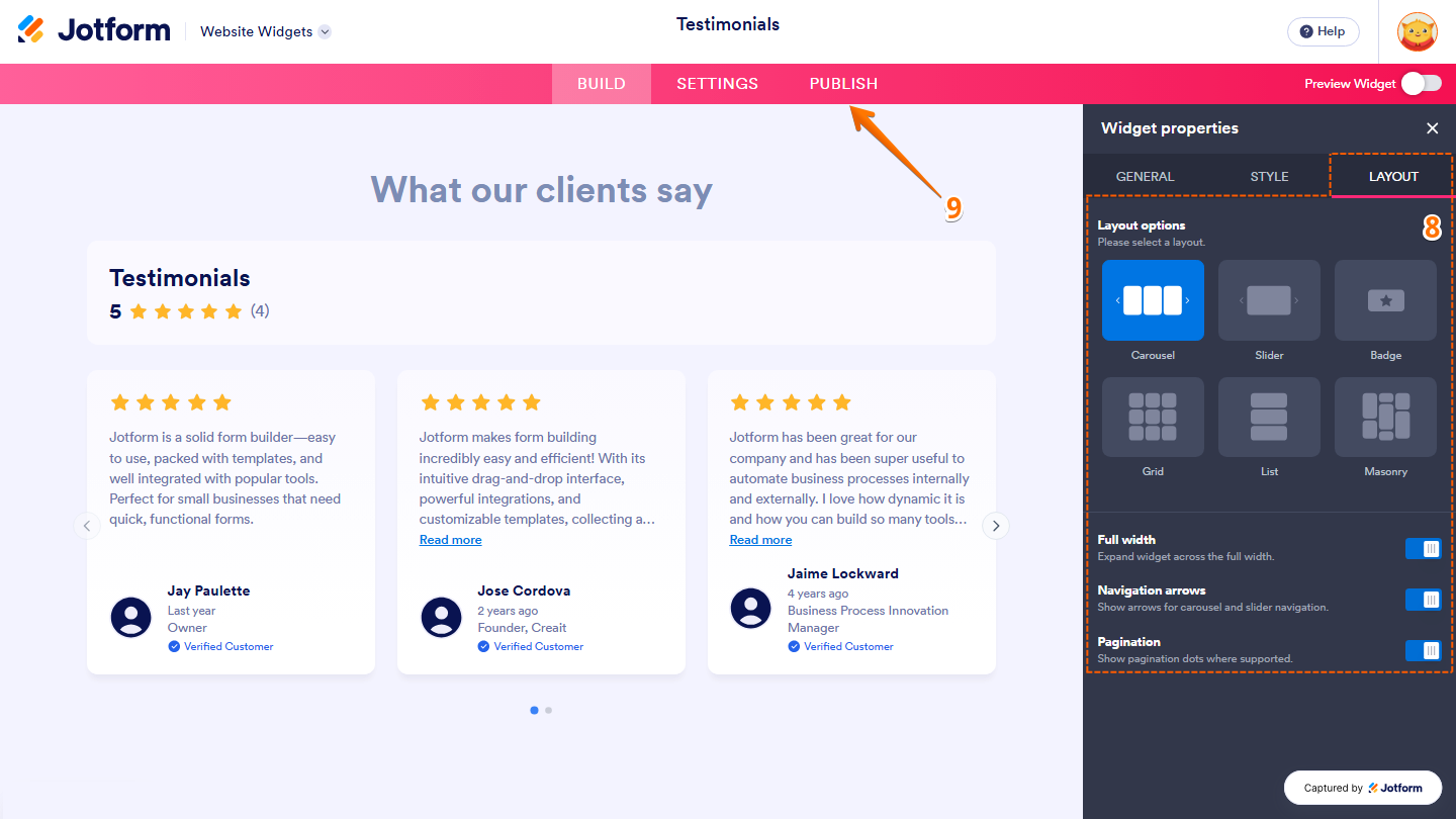 Jotform Website Widgets interface displaying the Layout tab with layout options for Carousel, Slider, Badge, Grid, List, and Masonry, along with the Full Width, Navigation arrows, and Pagination settings, and the Publish button in the pink navigation bar at the top of the page