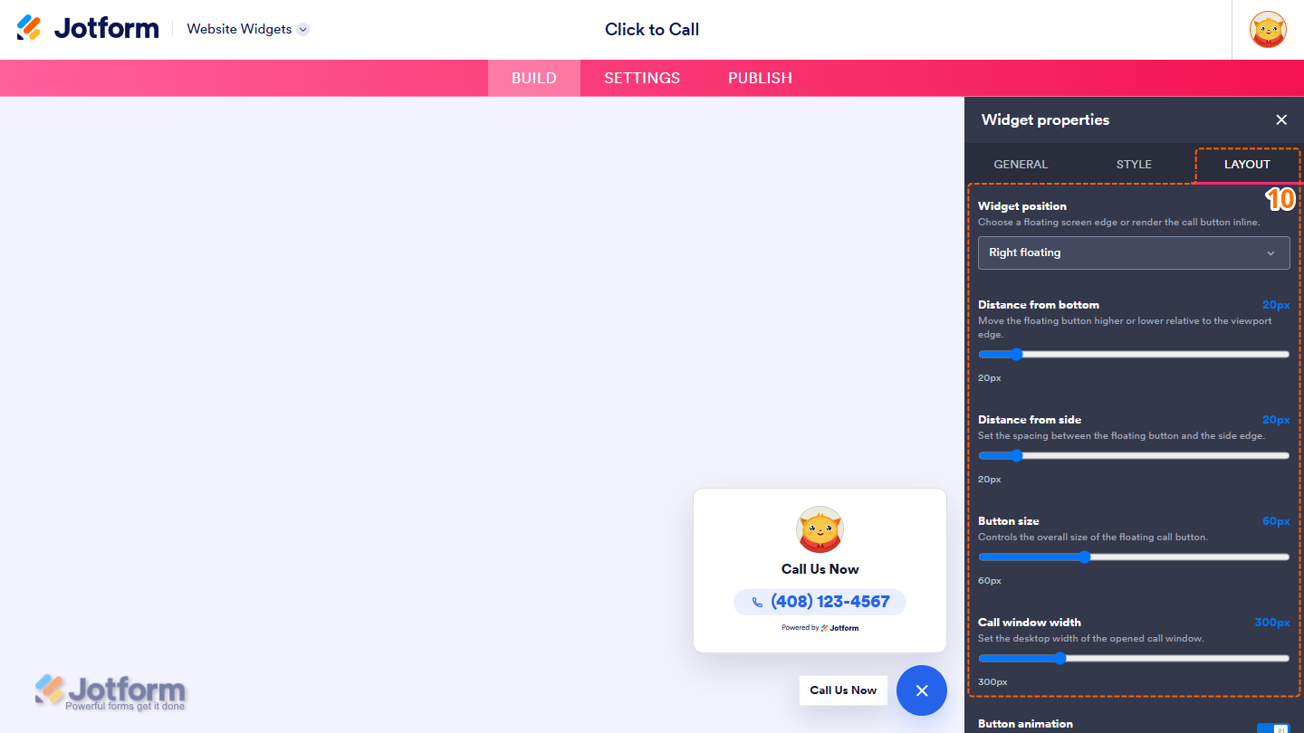 Layout tab of the Click to Call Widget properties menu