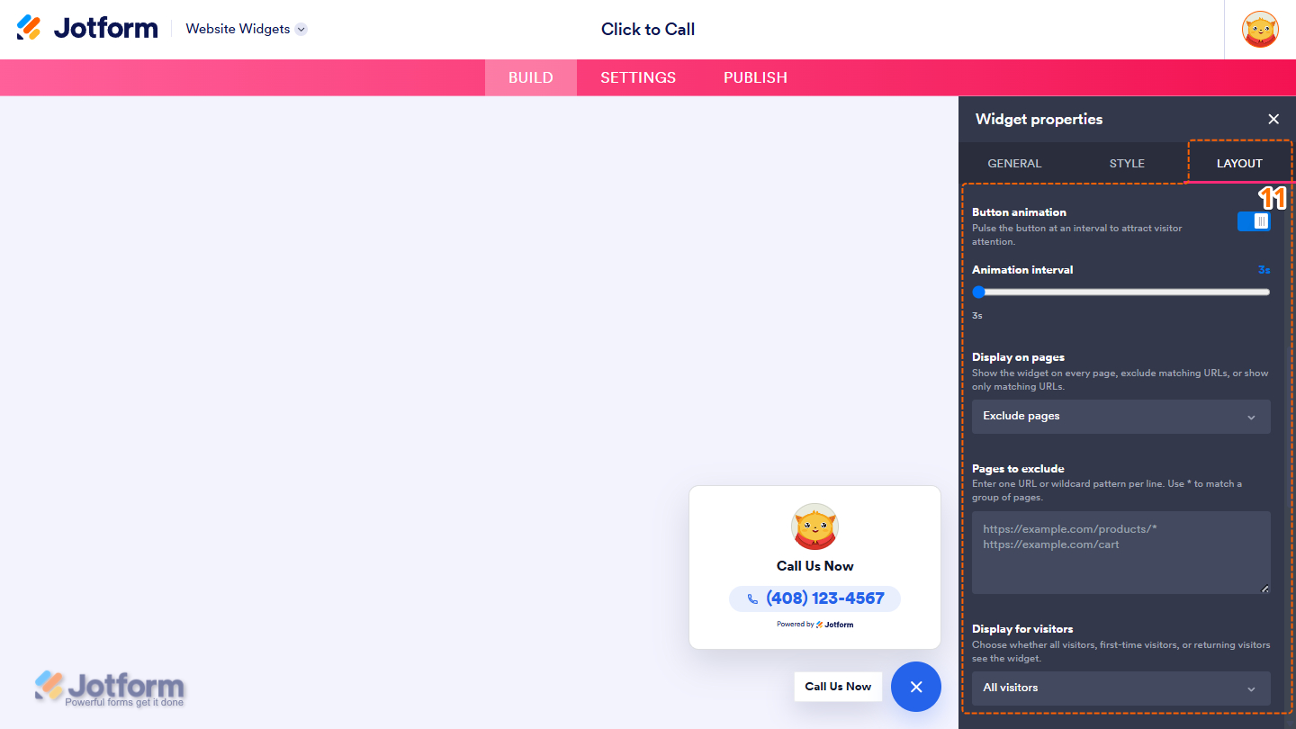 Layout tab of the Click to Call Widget properties menu