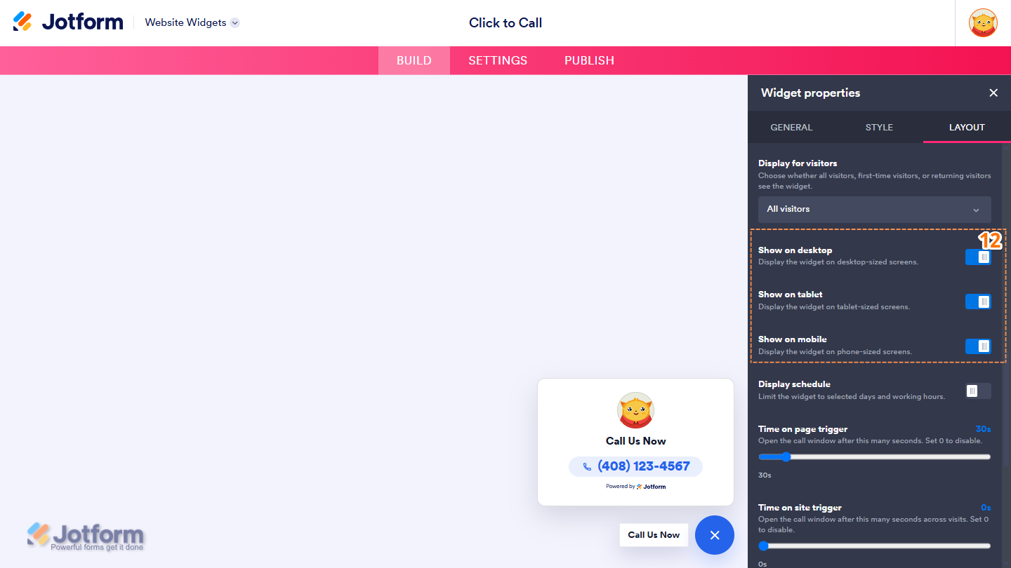 Layout tab of the Click to Call Widget properties menu