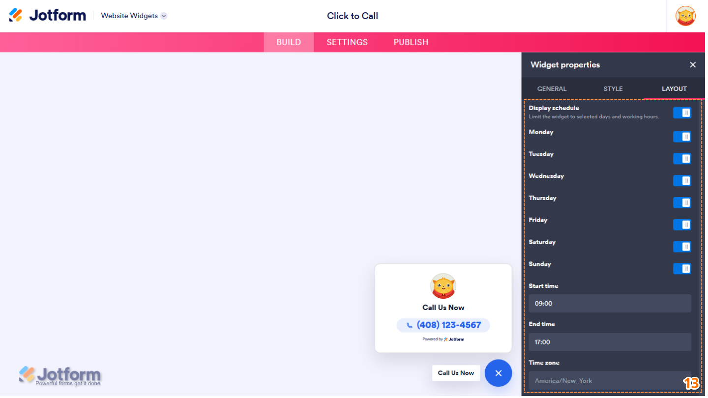 Layout tab of the Click to Call Widget properties menu