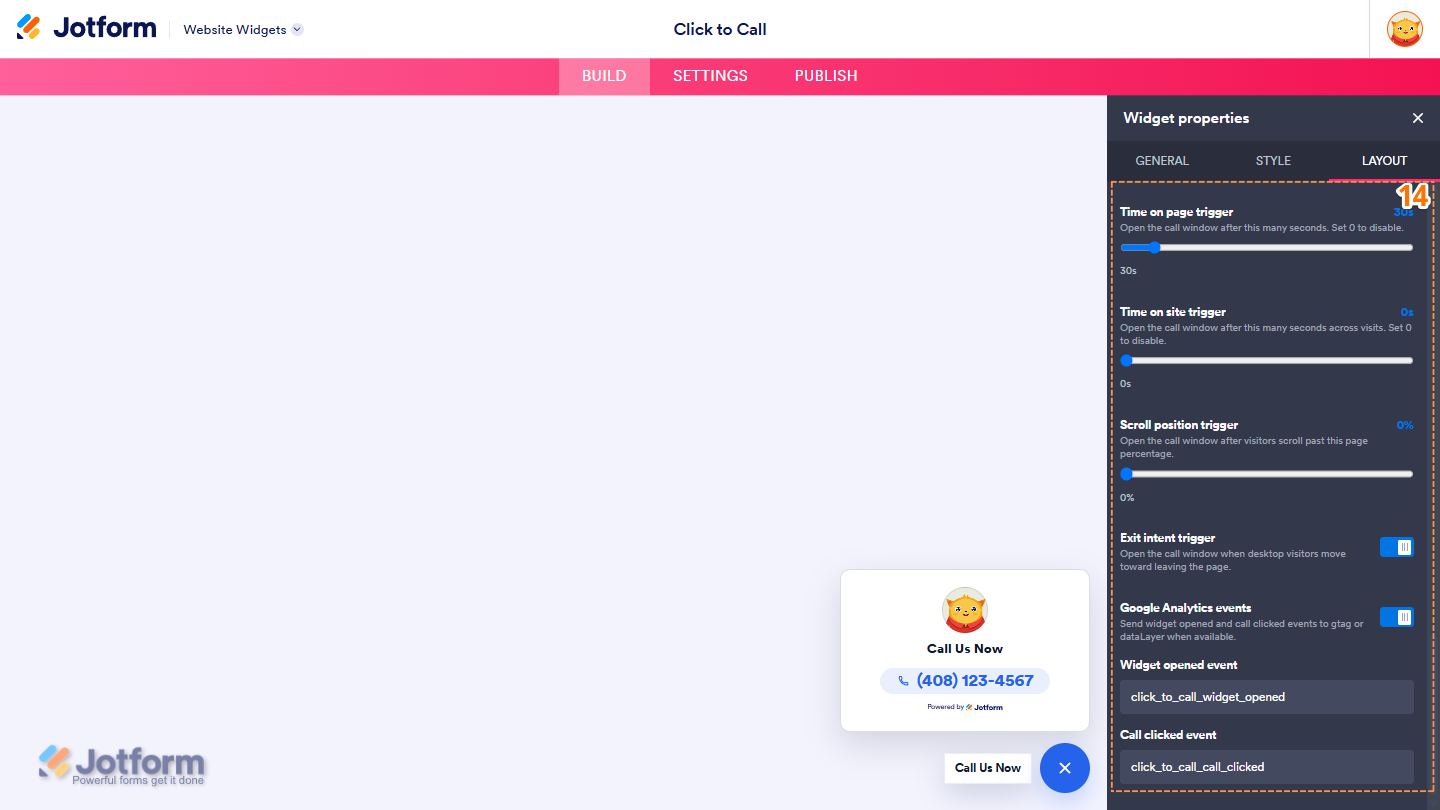 Layout tab of the Click to Call Widget properties menu