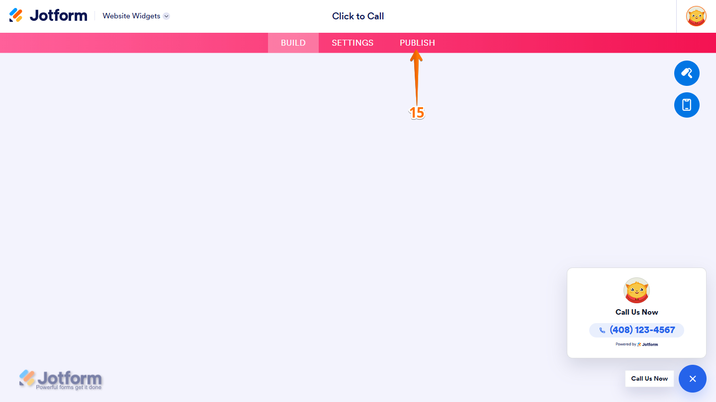 Publish menu in the Jotform Website Widget Builder