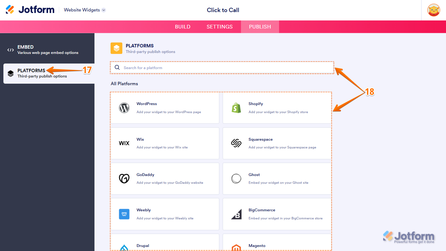 Platforms tab of the Website Widget page