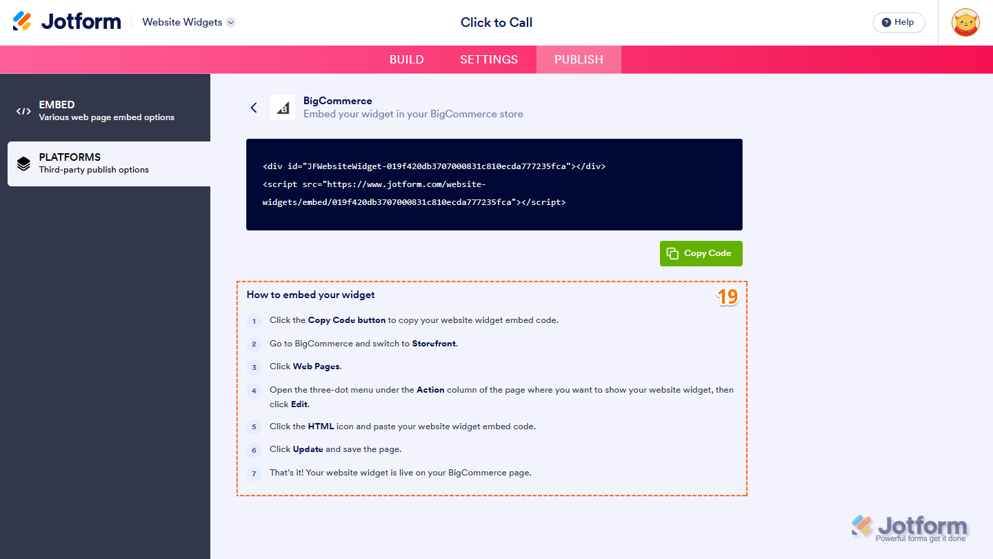 Embed instructions in the Platforms tab of the Website Widget page