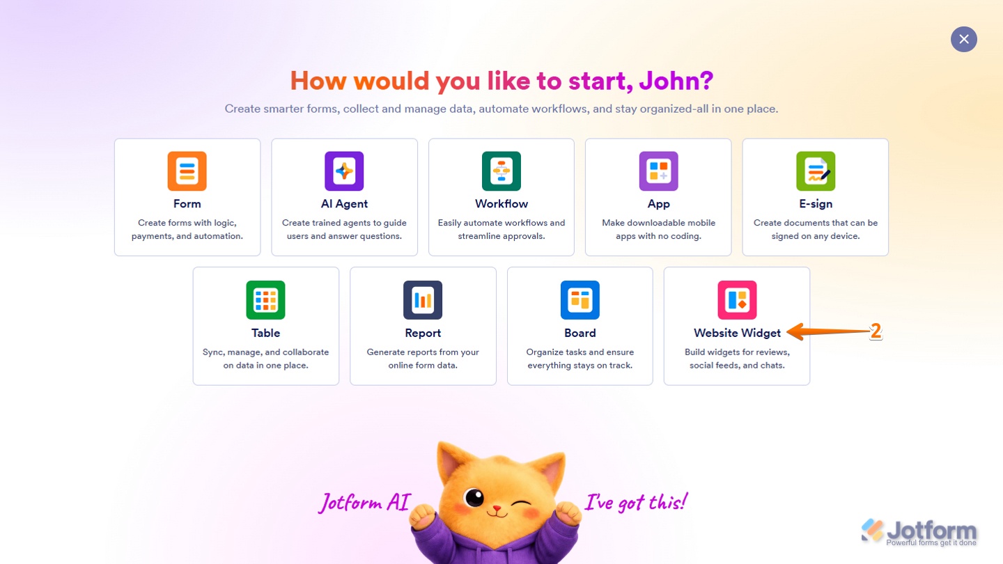Website Widget option in Jotform's asset selection menu