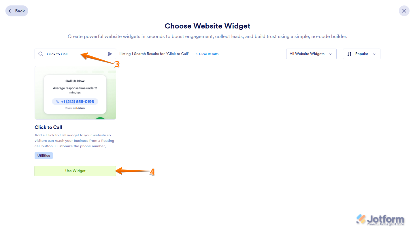 Click to Call option in the Jotform's Website Widget page