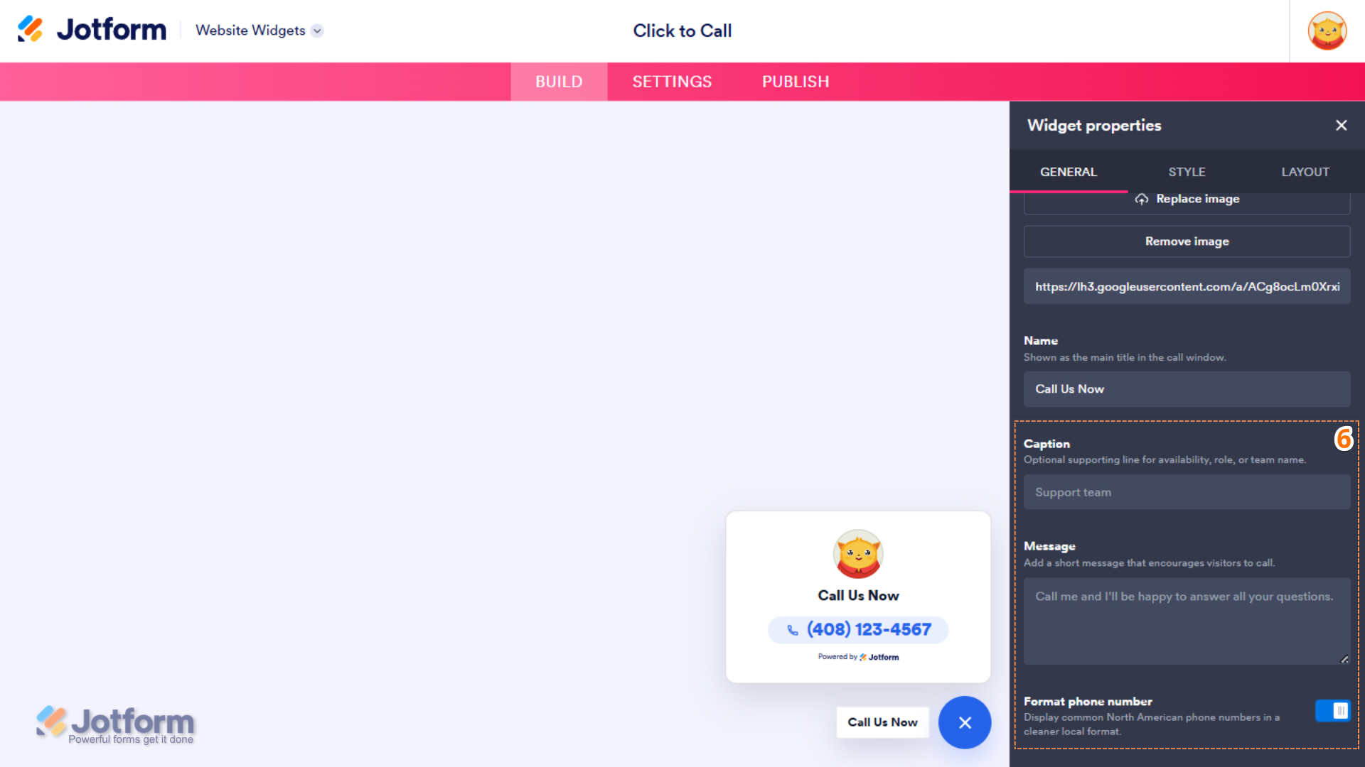 General tab of the Click to Call Widget Properties menu