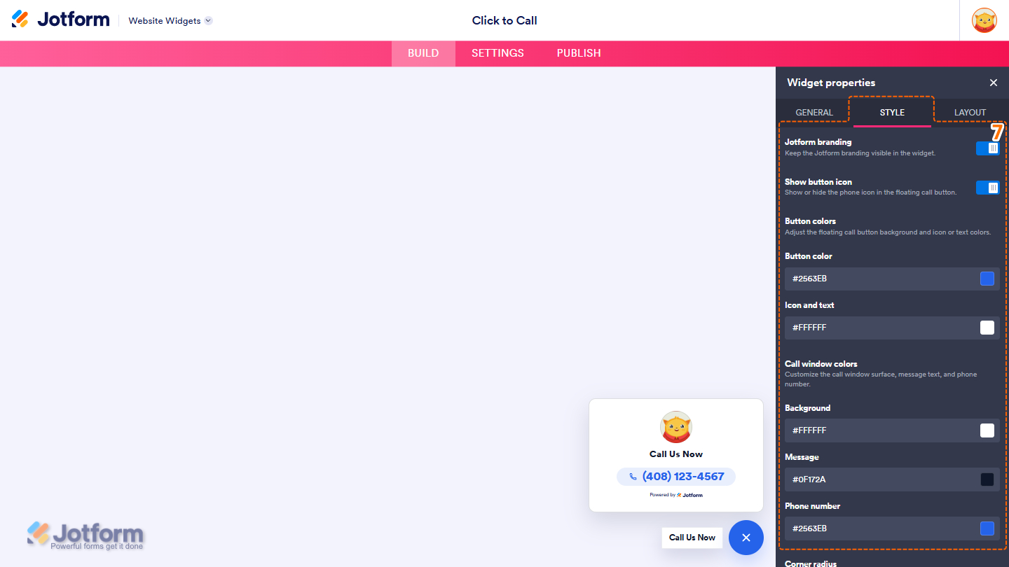 Style tab of the Click to Call Widget properties menu