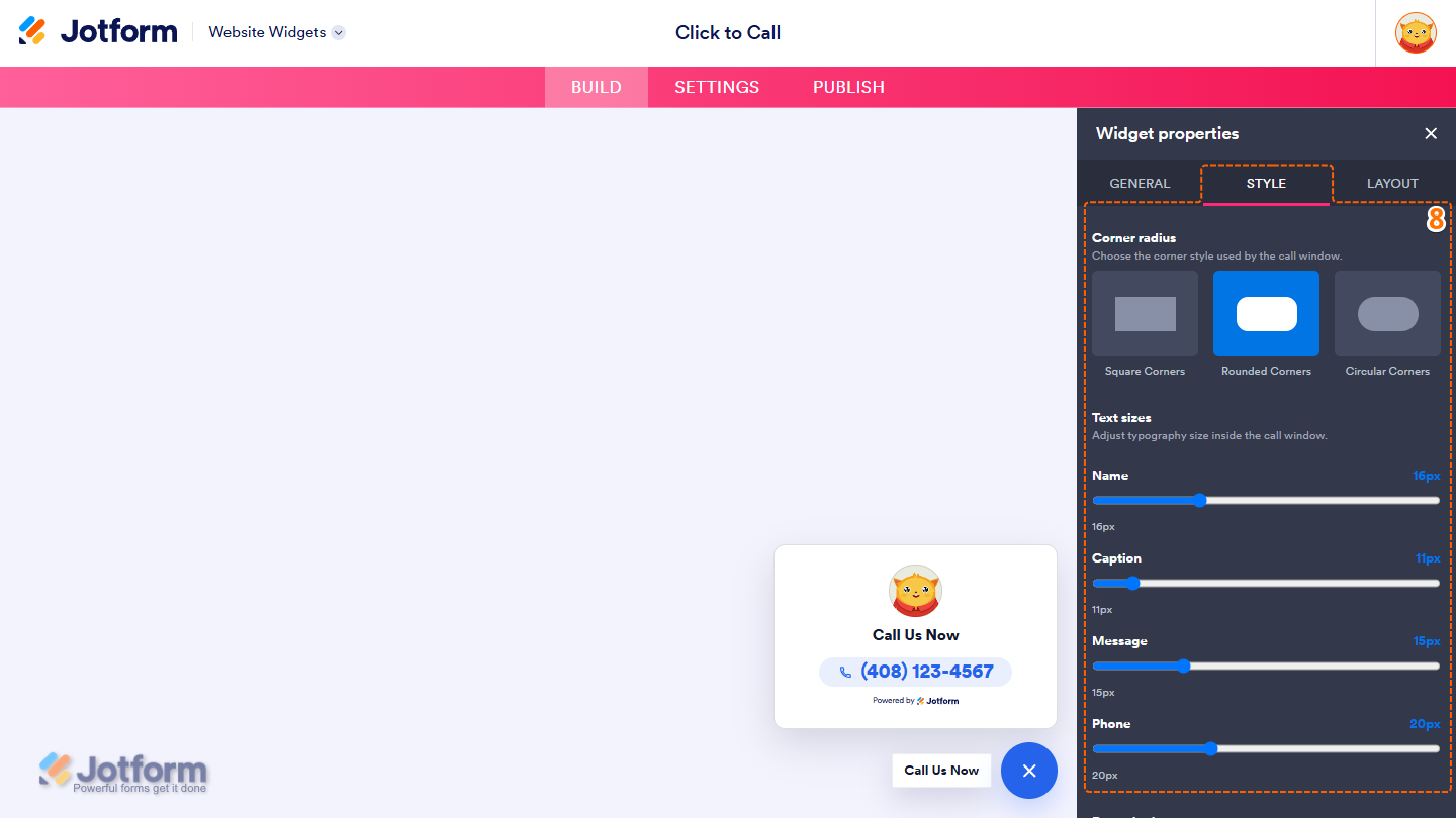 Style tab of the Click to Call Widget properties menu
