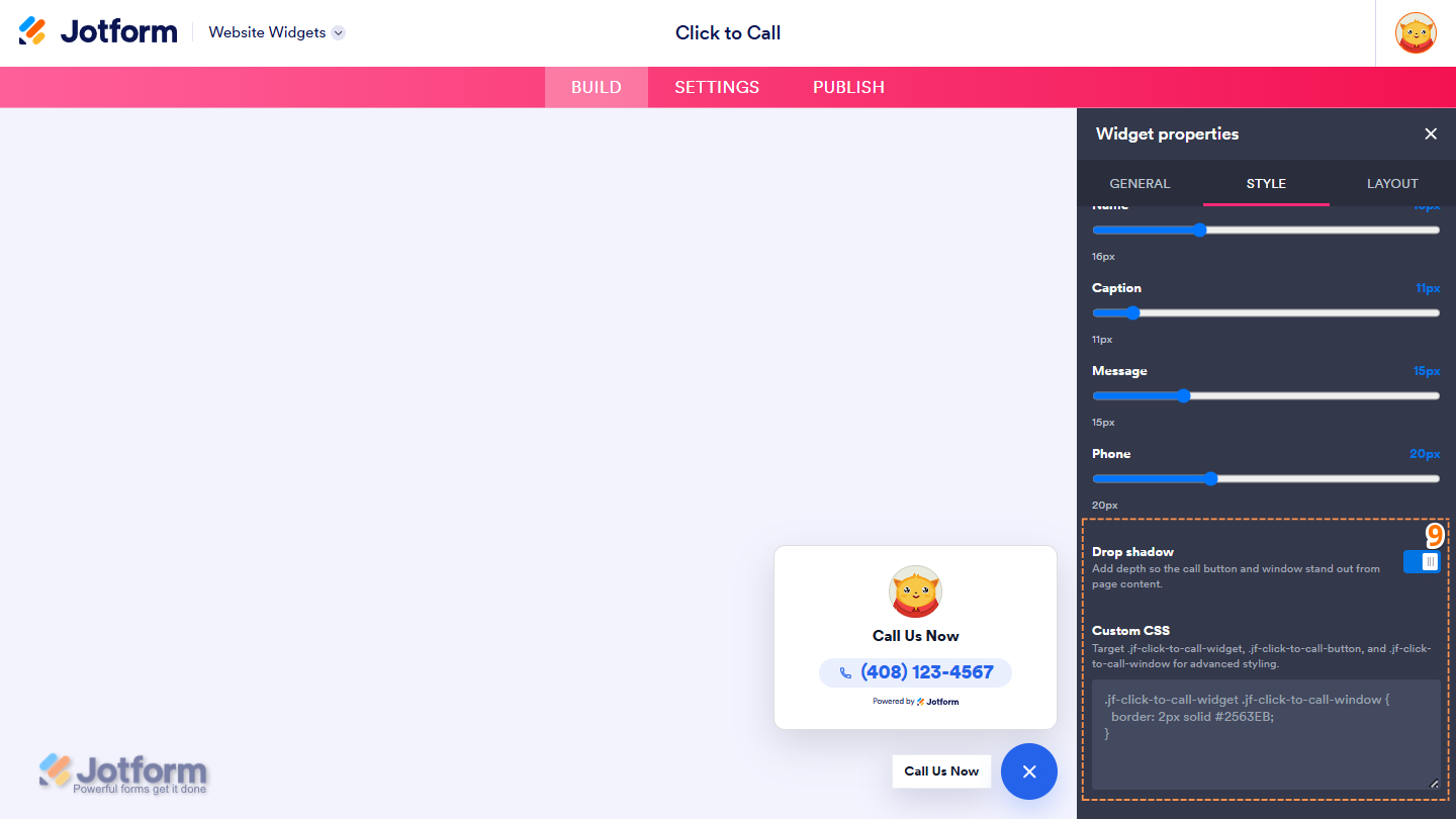 Style tab of the Click to Call Widget properties menu