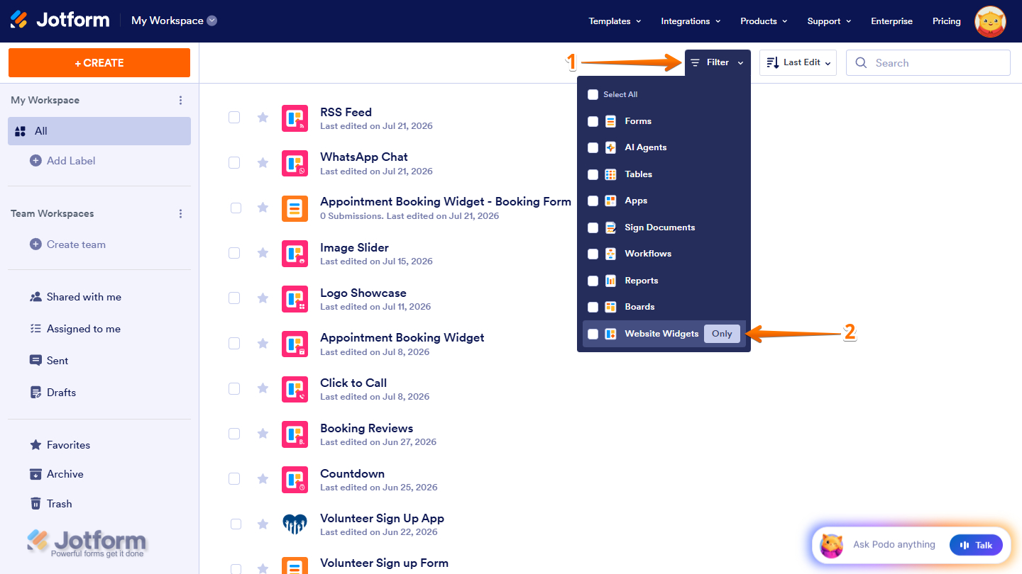 Website Widgets only filter in My Workspace page of Jotform