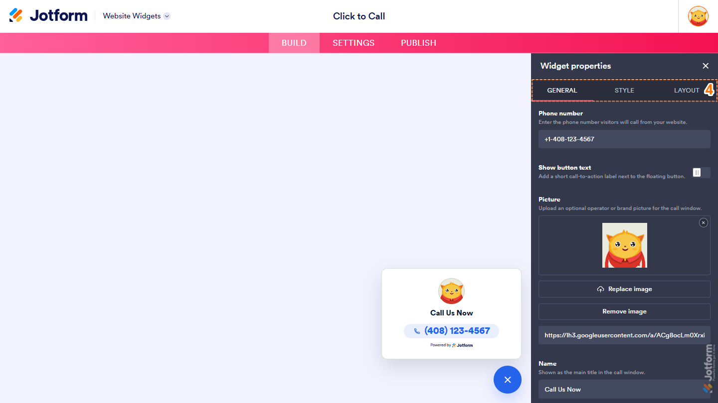 Click to Call Widget properties menu
