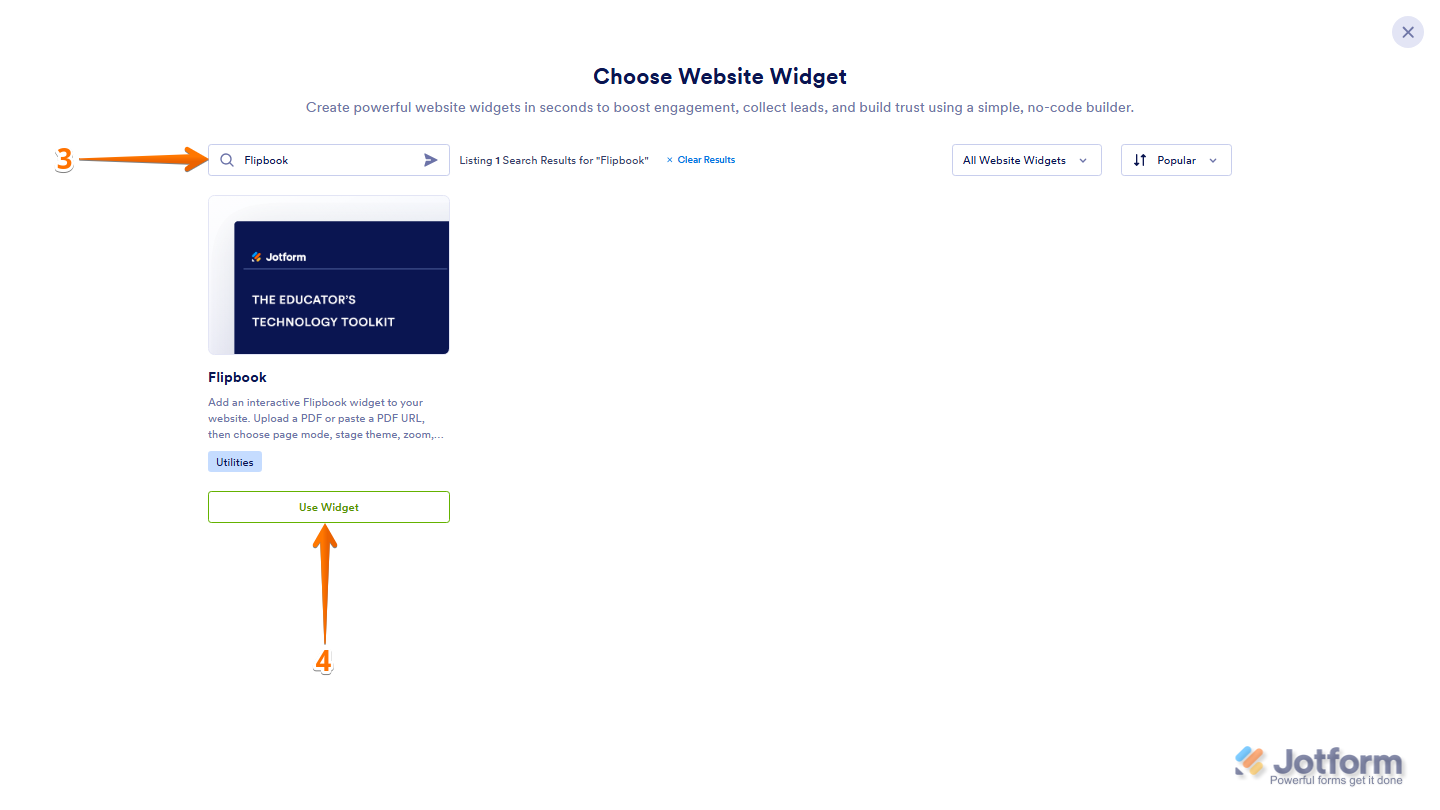 Jotform Choose Website Widget page displaying the Search bar with Flipbook entered and the Use Widget button selected from the search results to launch the Flipbook widget