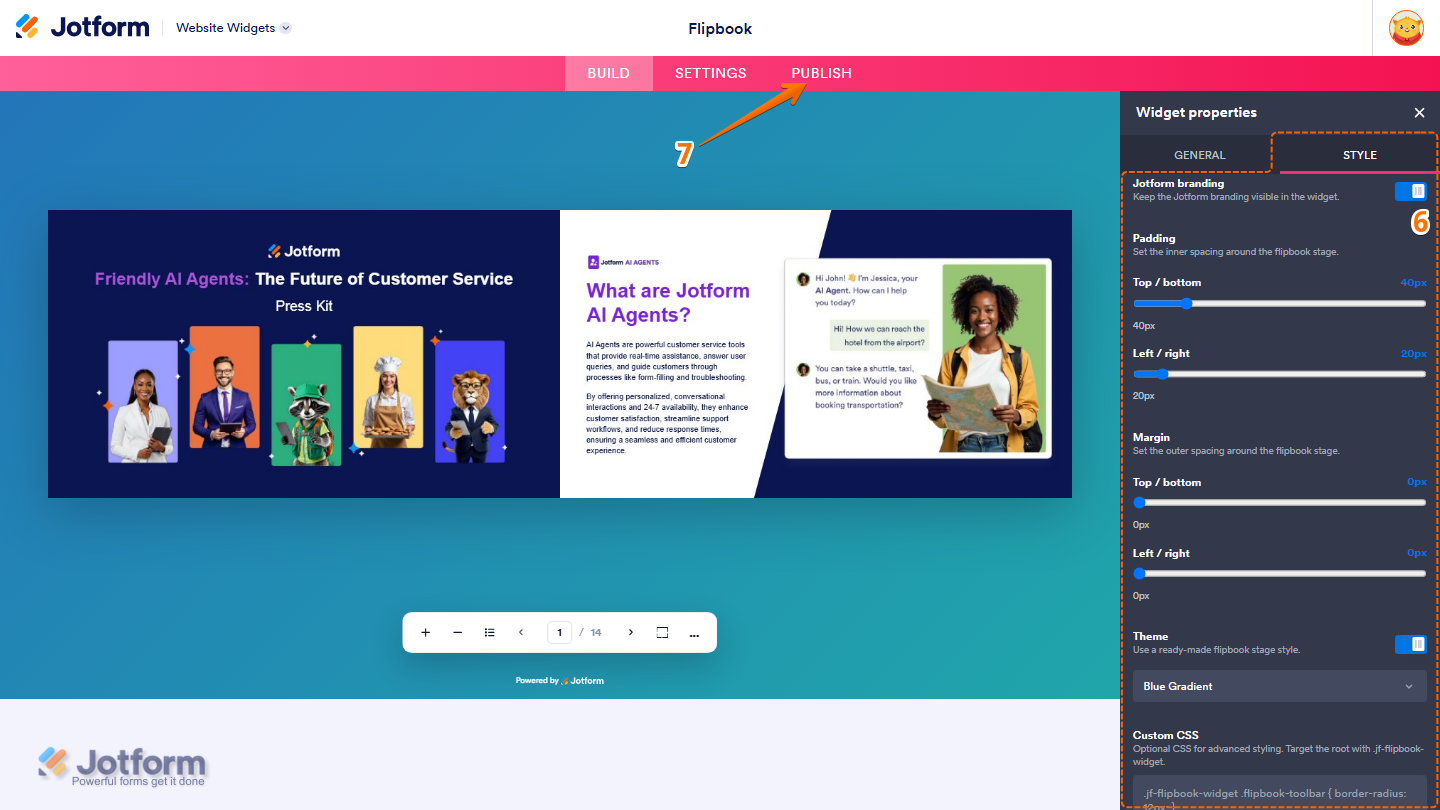 Jotform Website Widget Builder displaying the Style tab with customization options for Jotform Branding, Padding, Margin, Theme, and Custom CSS, with the Publish button available in the top navigation bar