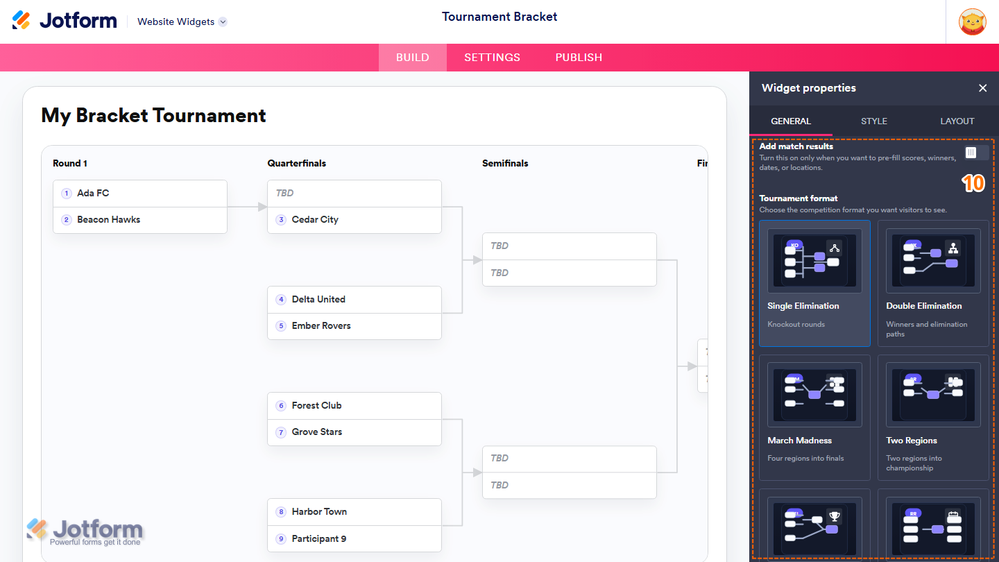 Jotform Website Widget Builder displaying the Widget Properties panel under the General tab with the Add Match Results toggle and Tournament Format dropdown, showing available bracket formats such as Single Elimination, Double Elimination, March Madness, Two Regions, NFL Playoff, Round Robin, and Group Stage