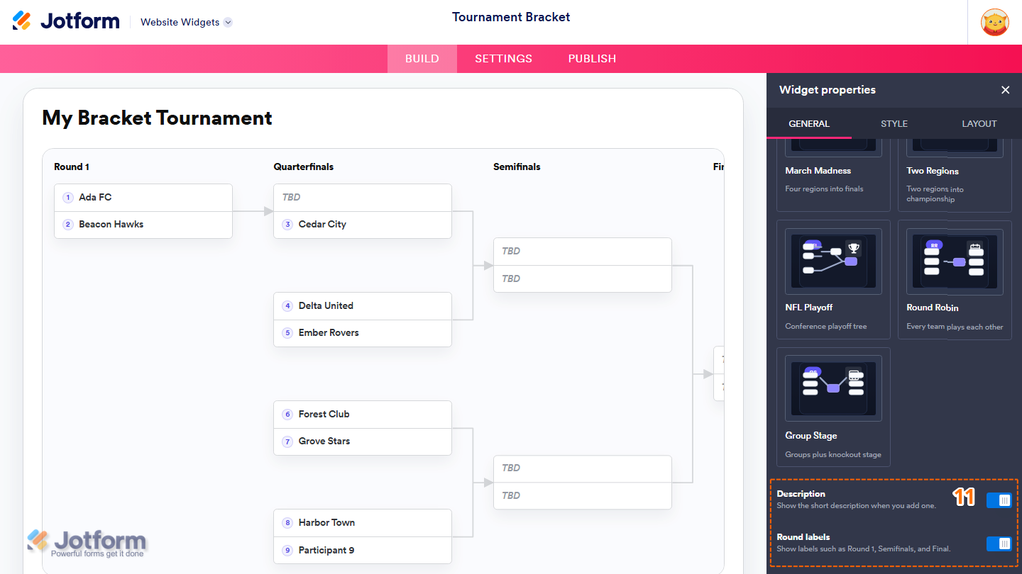 Jotform Website Widget Builder displaying the Widget Properties panel under the General tab with the Description and Round Labels toggle settings for controlling the visibility of the tournament description and round labels