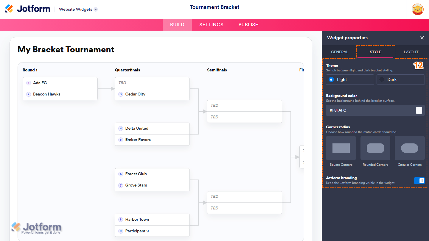 Jotform Website Widget Builder displaying the Widget Properties panel under the Style tab with settings for Theme, Background Color, Corner Radius, and the Jotform Branding toggle to customize the appearance of the Tournament Bracket widget