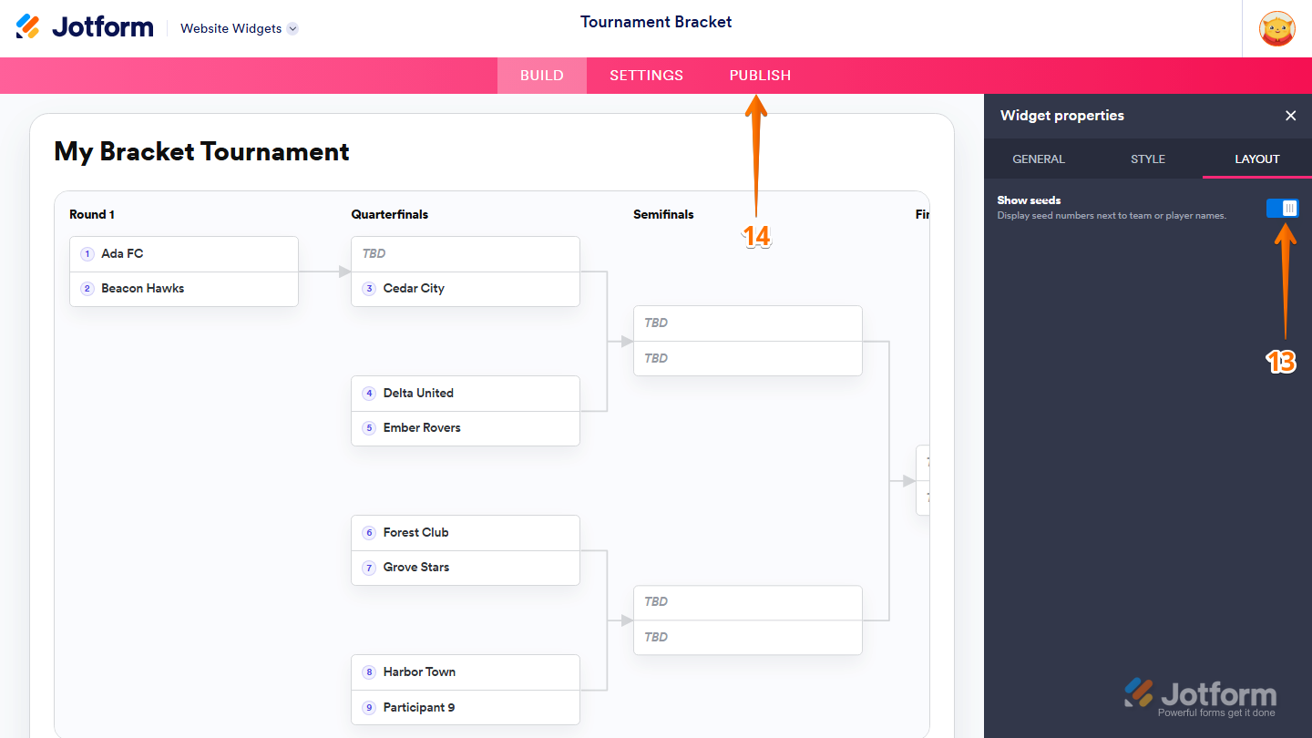 Jotform Website Widget Builder displaying the Widget Properties panel under the Layout tab with the Show Seeds toggle, and the Publish button visible in the pink navigation bar at the top of the page