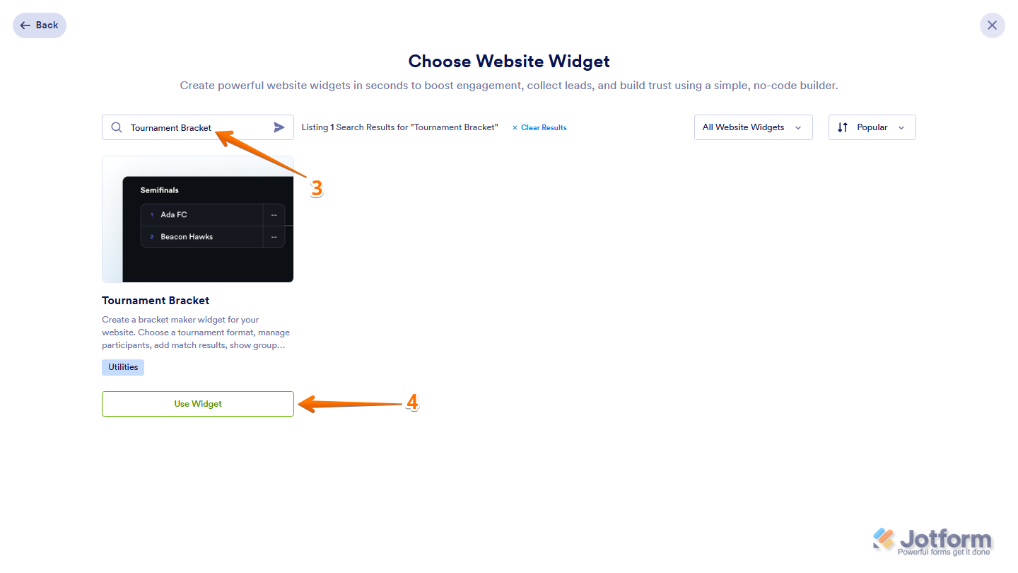 Jotform Choose Website Widget window with Tournament Bracket entered in the search bar and the Use Widget button visible on the Tournament Bracket widget card in the search results