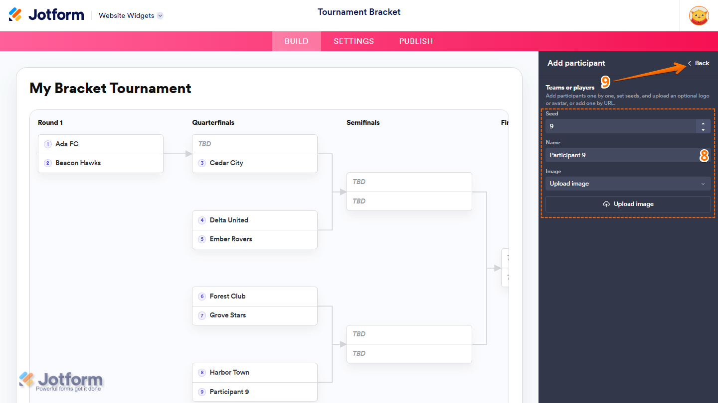 Jotform Website Widget Builder displaying the Add Participant menu with fields for Seed, Name, and Image, along with the Back button in the upper-right corner to return to the Widget Properties panel