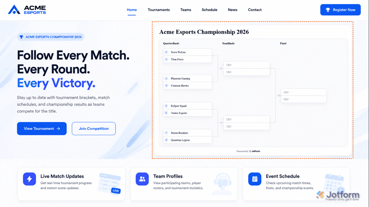 Embedded Tournament Bracket widget displayed on a website, showing the published bracket with the selected layout, styling, participants, and tournament settings