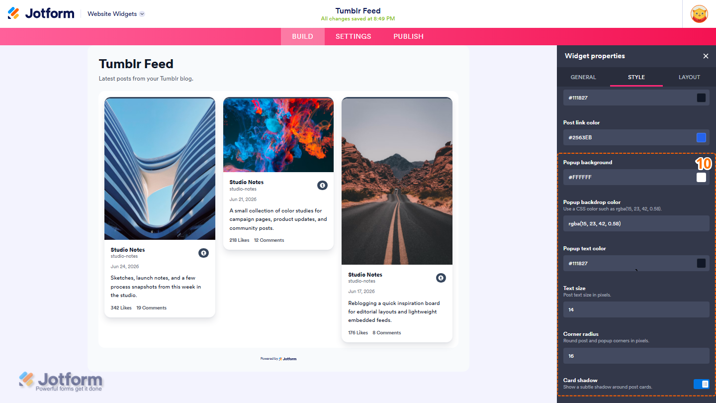 Jotform Website Widget Builder displaying the Style tab with appearance settings for Popup Background, Popup Backdrop Color, Popup Text Color, Text Size, Corner Radius, and Card Shadow to customize the Tumblr Feed widget