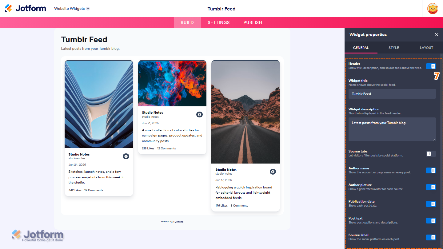Jotform Website Widget Builder displaying the General tab with display options for Header, Widget Title, Widget Description, Source Tabs, Author Name, Author Picture, Publication Date, Post Text, and Source Label to customize the Tumblr Feed widget