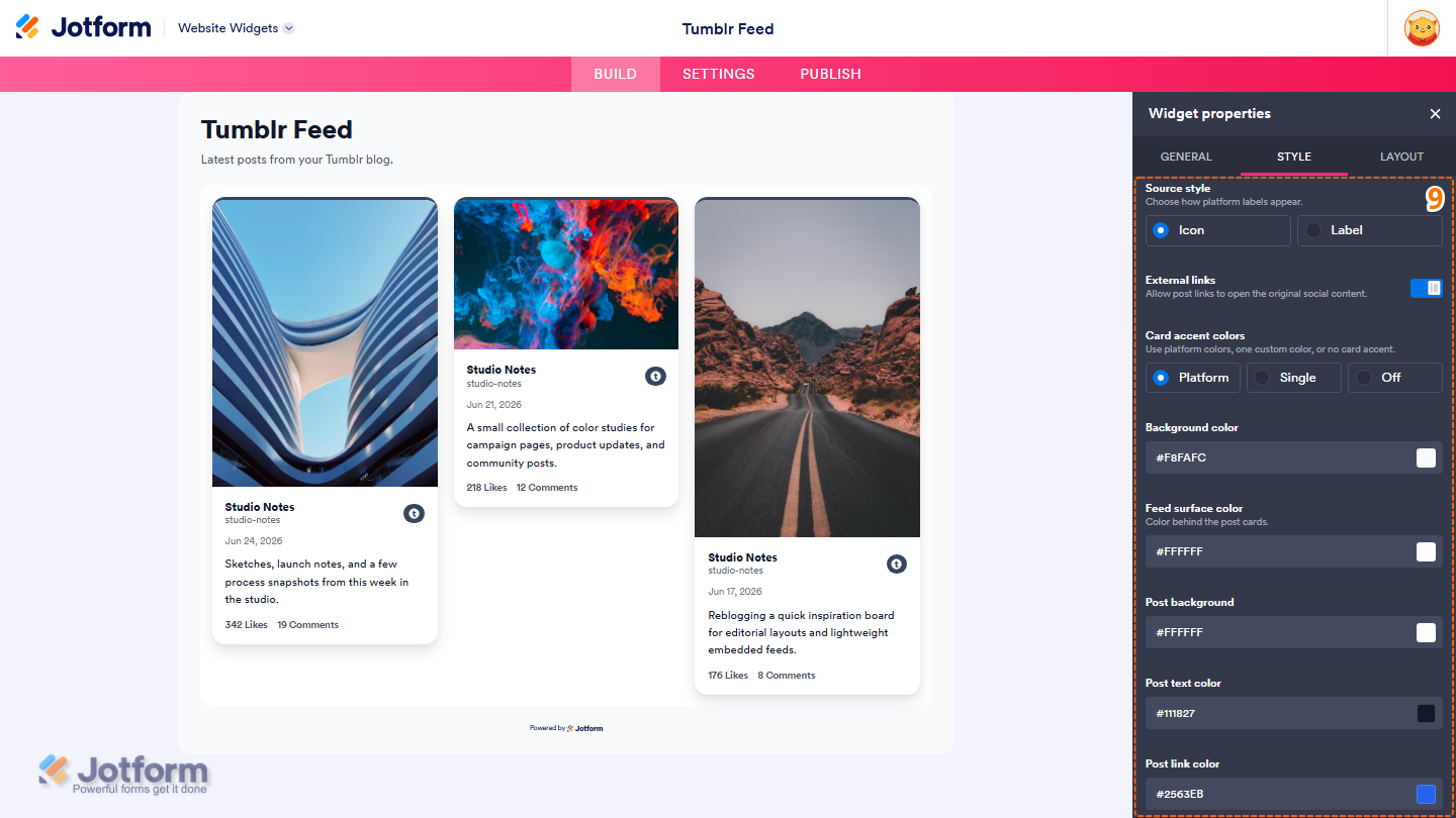 Jotform Website Widget Builder displaying the Style tab with customization options for Source Style, External Links, Card Accent Colors, Background Color, Feed Surface Color, Post Background, Post Text Color, and Post Link Color to personalize the Tumblr Feed widget
