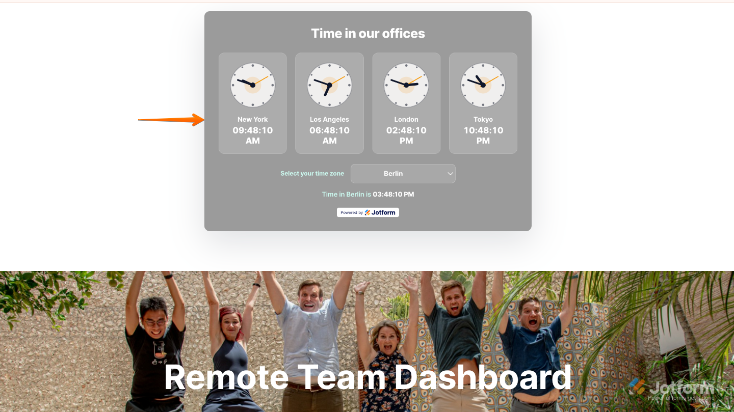 Sample website showing the Clock widget with multiple time zone clocks for visitors to view the current time