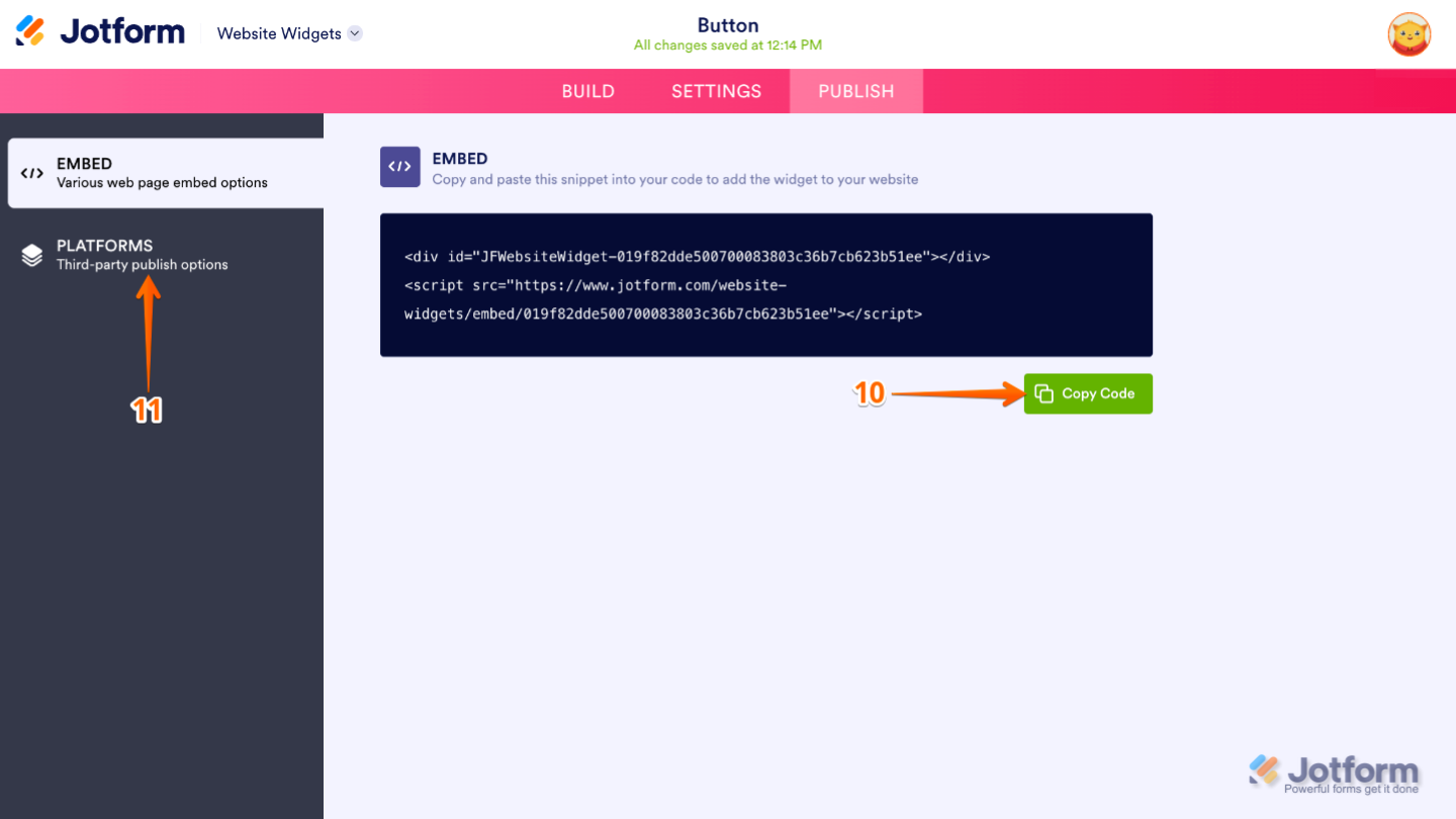 Website Widget Embed page showing the Copy Code button and Platforms menu for embedding the Button widget