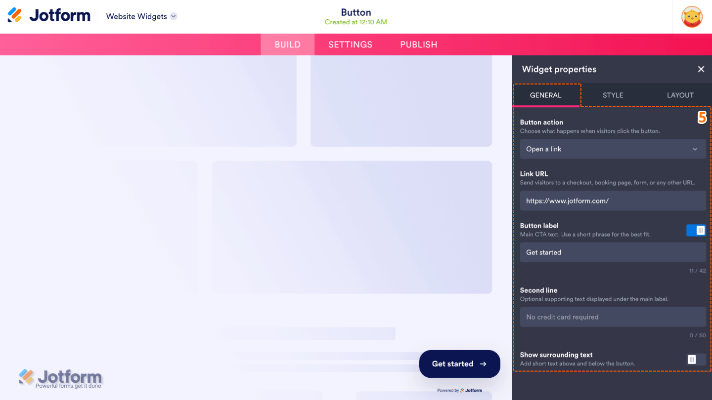Configuring the Button widget by setting the button action, destination URL, label, optional second line, and surrounding text