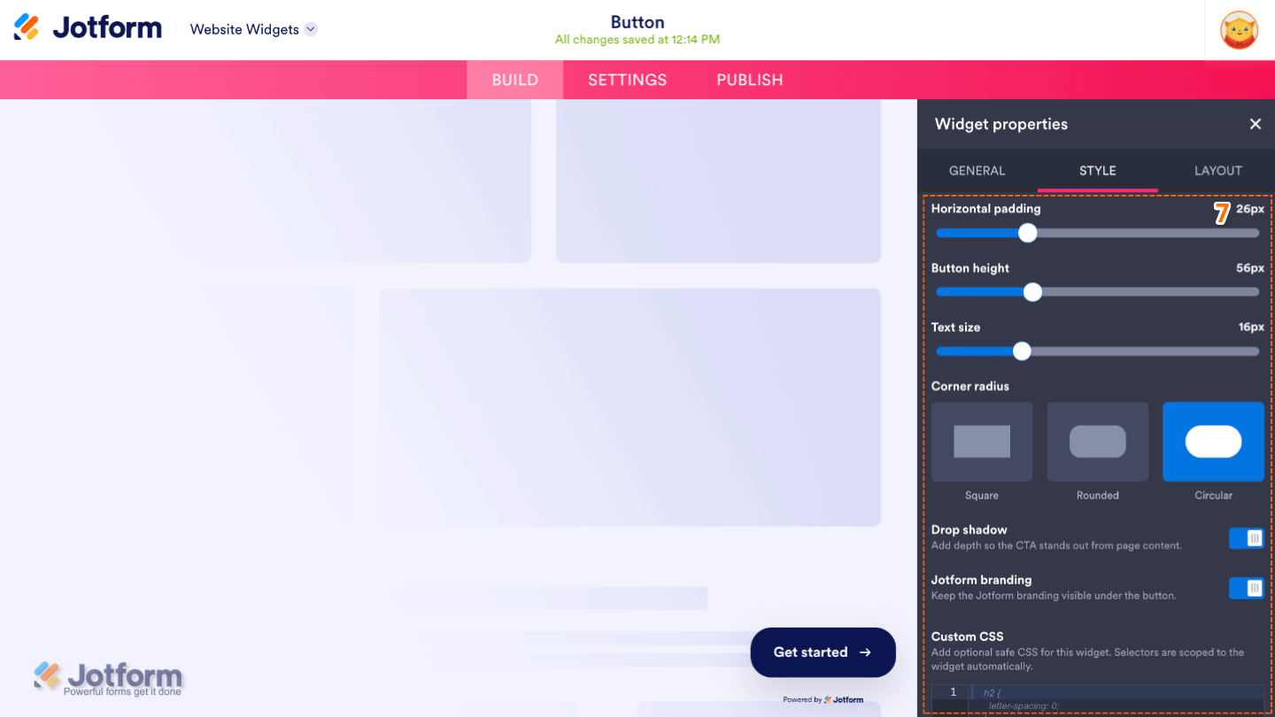 Customizing the Button widget by adjusting padding, button height, text size, corner radius, drop shadow, branding, and custom CSS