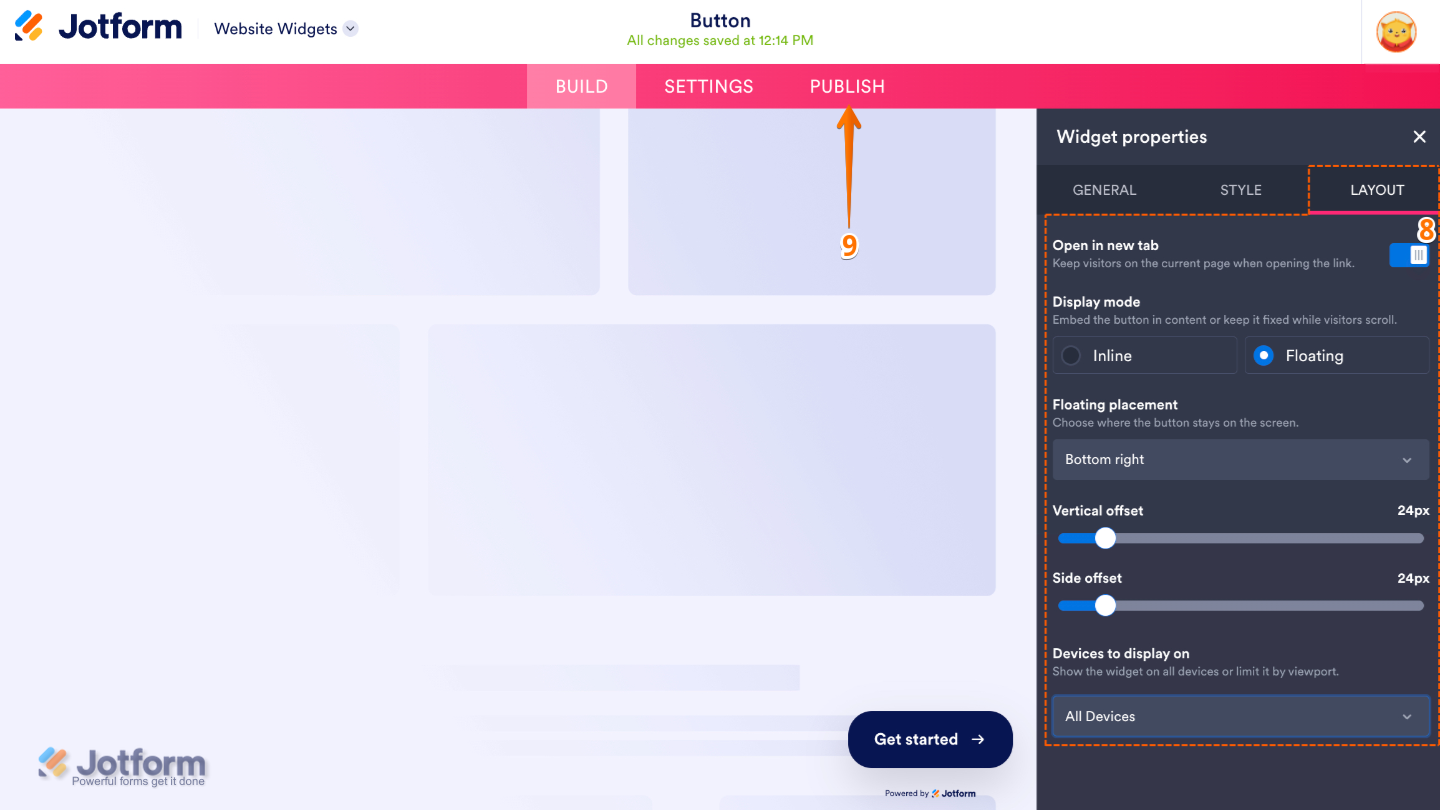 Configuring the Button widget layout by setting display options, floating position, and device visibility before clicking Publish