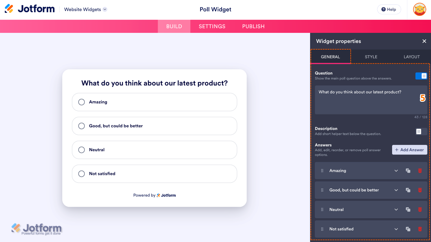 Configuring the Poll widget by entering a question, adding a description, and managing answer choices with add, edit, duplicate, and delete options