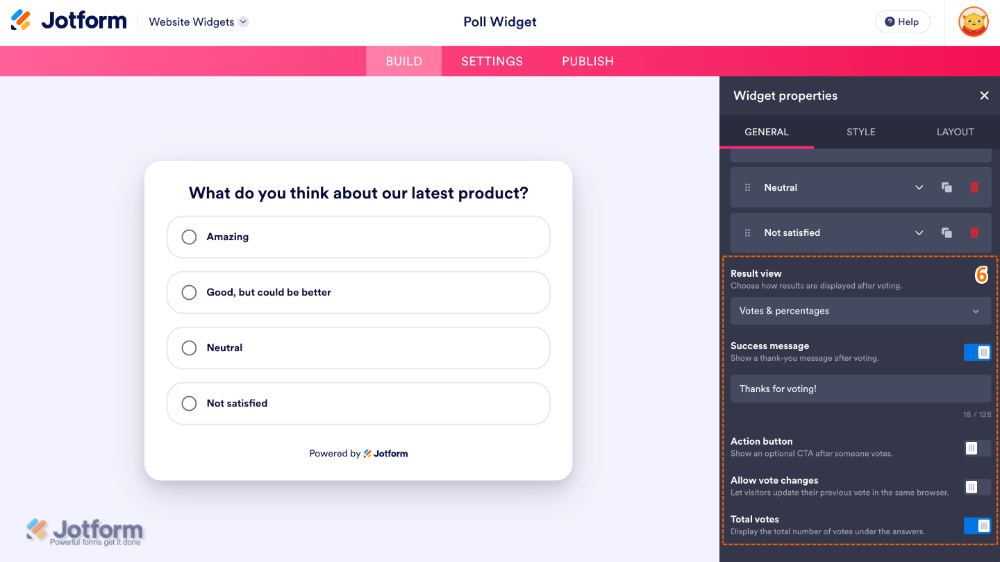 Configuring the Poll widget by customizing the results display, success message, action button, vote changes, and total vote visibility