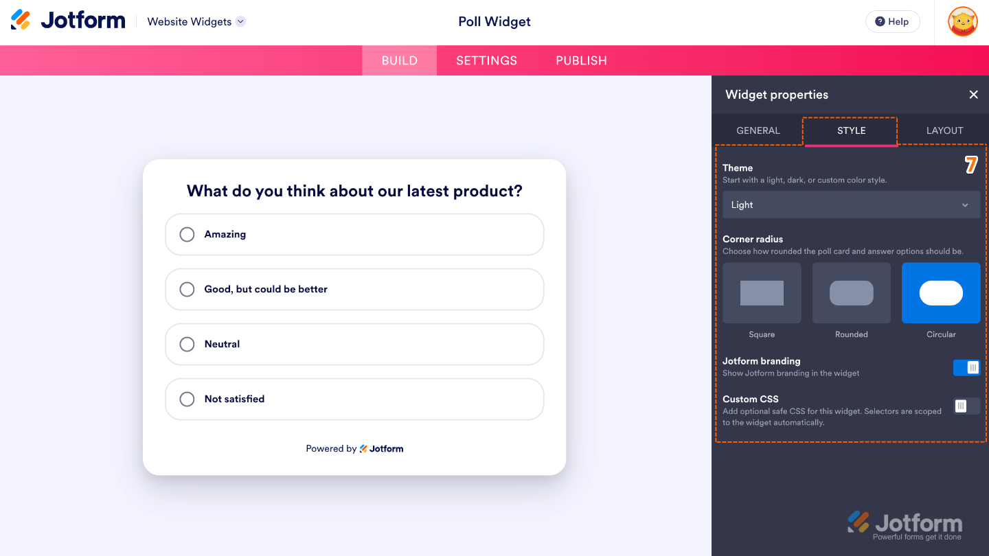 Customizing the Poll widget by selecting a theme, adjusting corner radius, managing Jotform branding, and applying custom CSS