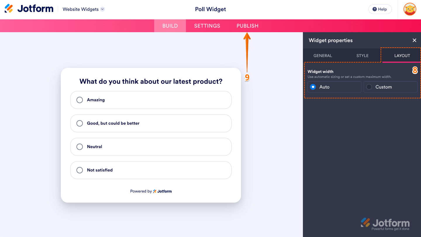 Configuring the Poll widget by adjusting its width to fit the website layout before clicking Publish