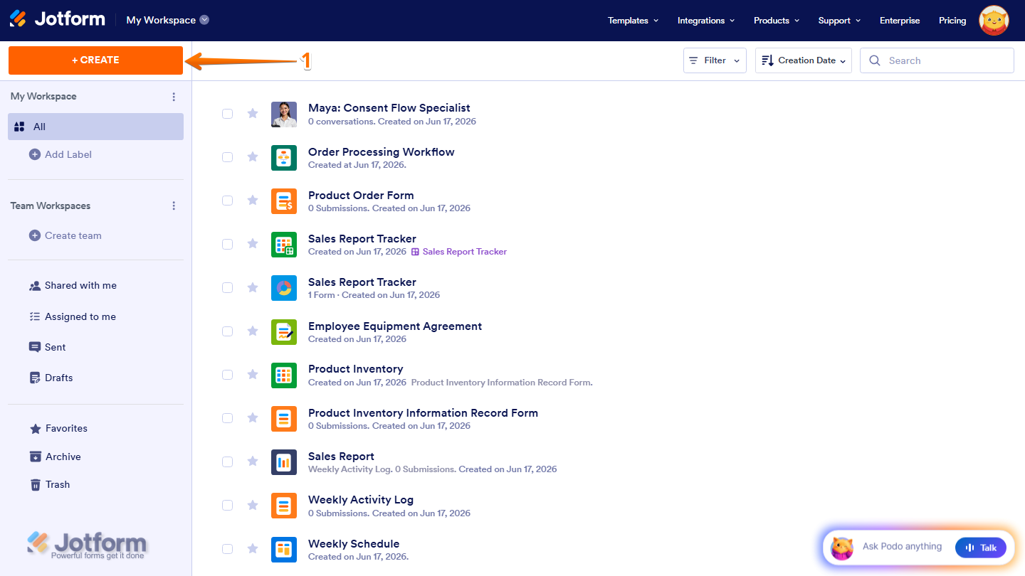 Workspace page highlighting the Create button in the top-left corner to start creating a new project