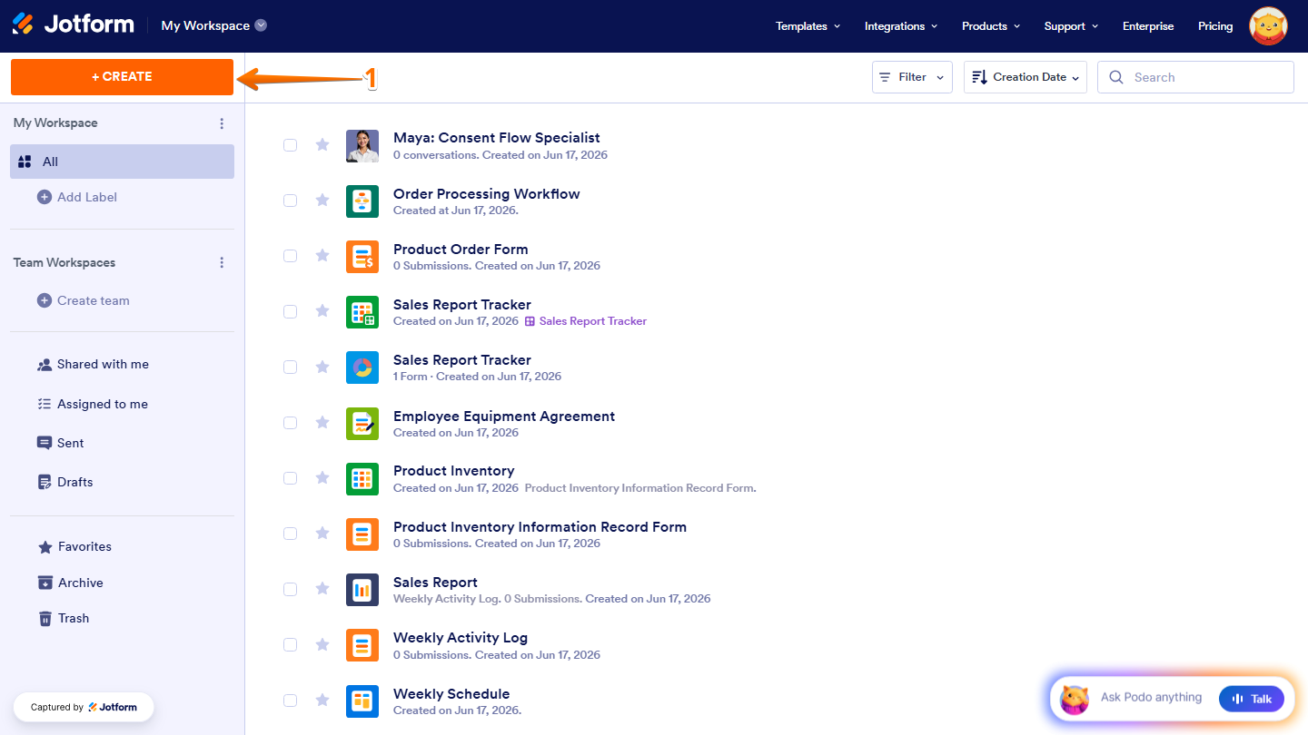 Workspace page highlighting the Create button in the top-left corner to start creating a new project